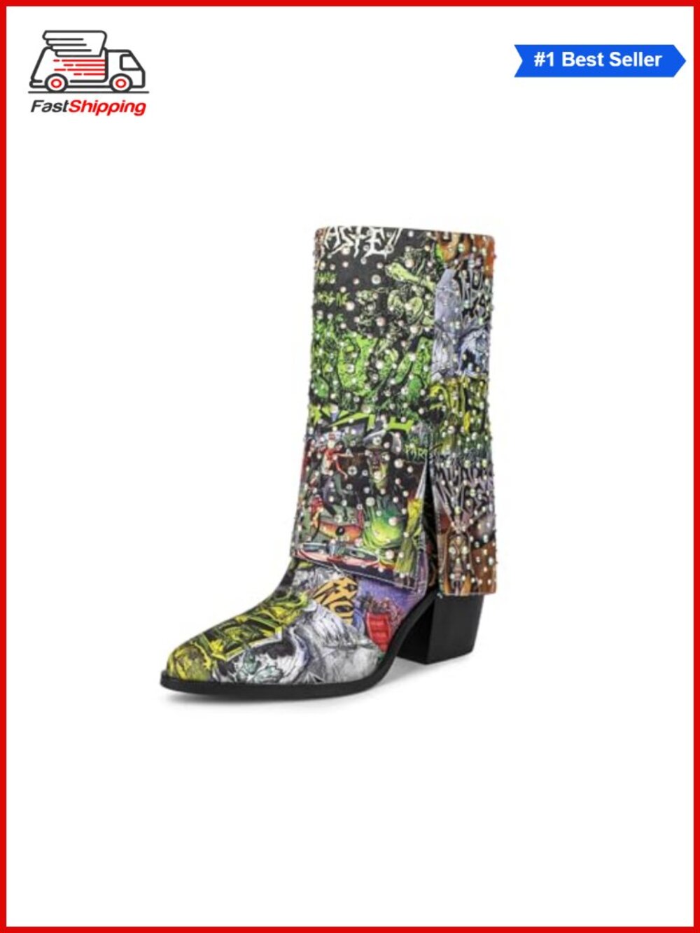 ✨Krylinette Graphic Print Rhinestone Mid Calf Denim Boots Chunky Heel Western
